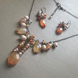 Elegant Orange and Cream Gemstone Necklace & Earring Set